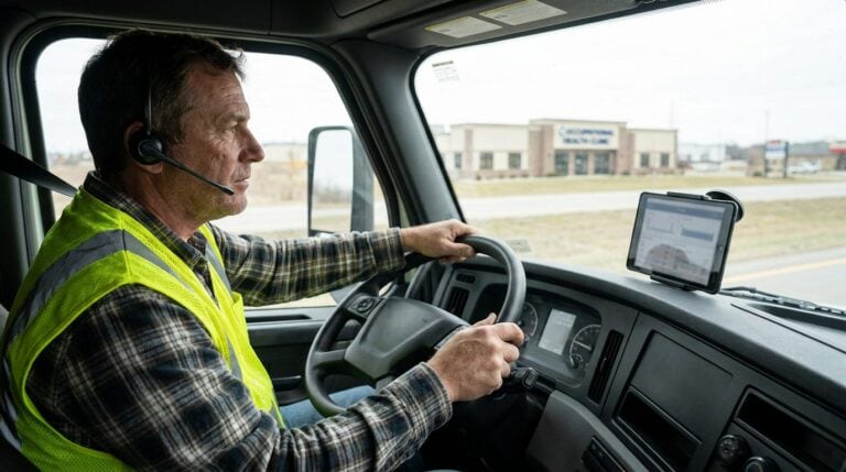 Führerschein und Gesundheit: Wann eine verkehrsmedizinische Untersuchung beim Hausarzt in München nötig wird 8 Berufskraftfahrer mit Warnweste am Steuer seines Lkw