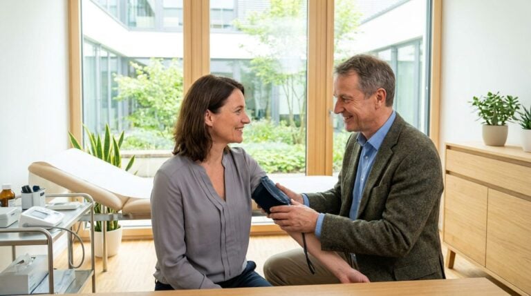 Hausarzt misst den Blutdruck eines Patienten beim Gesundheits-Check-up