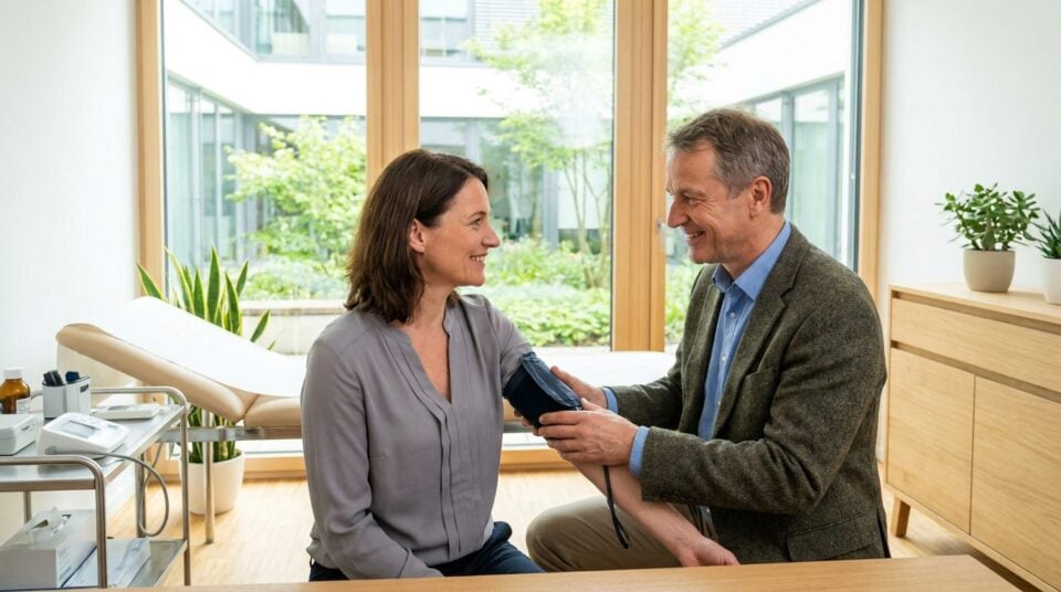 Hausarzt misst den Blutdruck eines Patienten beim Gesundheits-Check-up