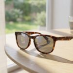 Sonnenbrille mit UV-Schutz auf hellem Tisch am Fenster