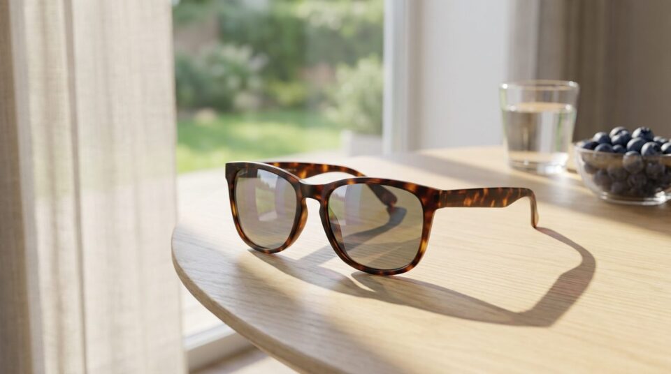 Sonnenbrille mit UV-Schutz auf hellem Tisch am Fenster